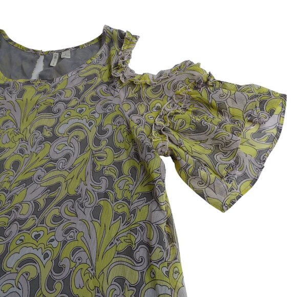 Cato Gray Yellow Cold Shoulder Top Ruffle Short Sleeves Women Size L Lined - Picture 2 of 10